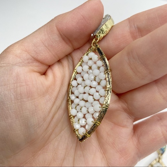 Druzy Stone White Beaded Cats Eye Drop Earrings - Picture 3 of 8